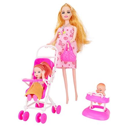 Toyland 12-Inch Doll with Baby Bump, Newborn, Toddler and Pram Set