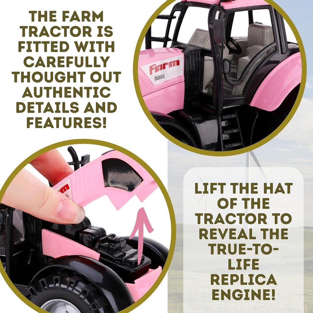 Toyland Friction Powered Farm Tractor with Opening Hood, Pink photo 4